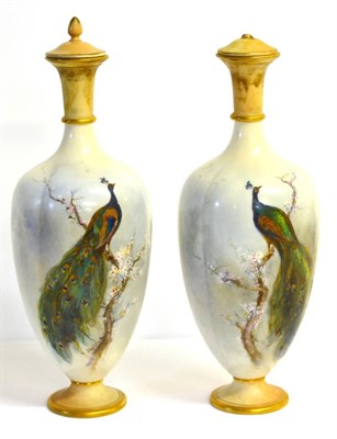 Lot 39 - A Pair of Graingers Worcester Porcelain Ovoid Vases and Covers, circa 1900, painted by James...