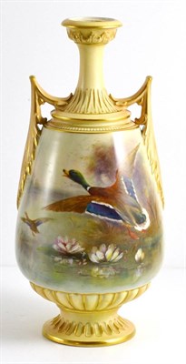 Lot 43 - A Royal Worcester Porcelain Twin-Handled Vase, dated 1908, painted by James Stinton with...