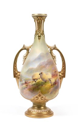 Lot 44 - A Royal Worcester Porcelain Twin-Handled Pear Shaped Vase, dated 1916, painted by Harry Davis...