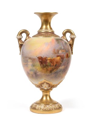 Lot 46 - A Royal Worcester Porcelain Twin-Handled Ovoid Vase, dated 1923, painted by Harry Stinton with...