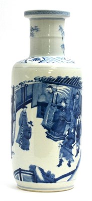 Lot 61 - A Chinese Porcelain Rouleau Vase, Kangxi, painted in underglaze blue with a dignitary and...