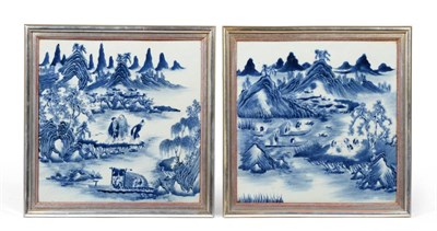Lot 68 - A Pair of Chinese Porcelain Plaques, probably 18th century, painted in underglaze blue with figures