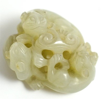 Lot 120 - A Chinese Jade Group, of three cats about a lingzhi fungus, 4cm long