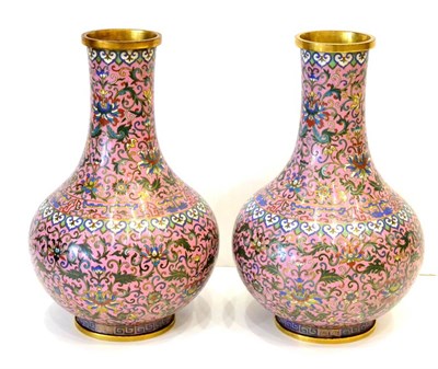 Lot 134 - A Pair of Chinese Cloisonné Bottle Vases, 19th century, of baluster form with tapering necks,...