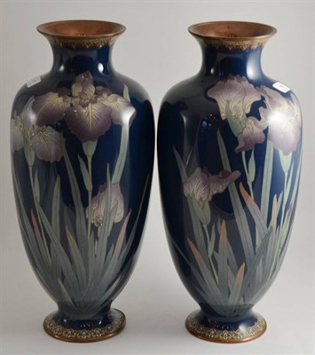 Lot 138 - A Pair of Japanese Cloisonné Baluster Vases, Meiji period, decorated with irises and prunus on...