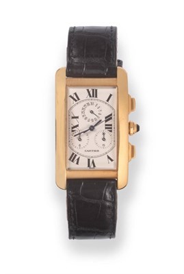 Lot 167 - An 18ct Gold Calendar Chronograph Wristwatch, signed Cartier, model: Tank Americaine, ref:...