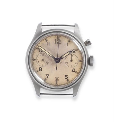 Lot 171 - A Stainless Steel Military Issue Single Push Chronograph Wristwatch, Lemania, circa 1950, lever...