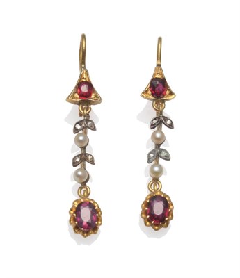 Lot 192 - A Pair of Ruby, Diamond and Pearl Drop Earrings, an old cut ruby suspends diamond and pearl set...