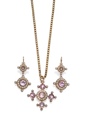 Lot 193 - A Pink Topaz and Split Pearl Set, a pair of drop earrings comprising two linked graduated clusters