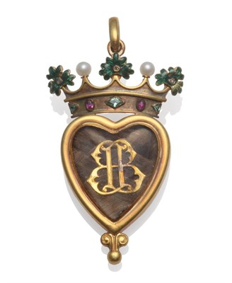 Lot 196 - A Mourning Brooch, a heart shaped locket enclosing plaited hair, surmounted with a coronet set with