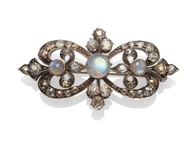 Lot 199 - A Moonstone and Diamond Brooch, in scroll form, with a trio of old cut diamonds to the centre...