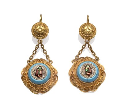 Lot 200 - A Pair of Micro Mosaic Earrings, circa 1890, the drops with rope twist, bead and star...