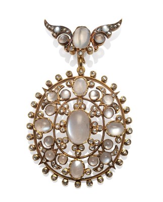 Lot 201 - A Moonstone and Diamond Brooch/Pendant, circa 1880, the oval form set with cabochon moonstones...