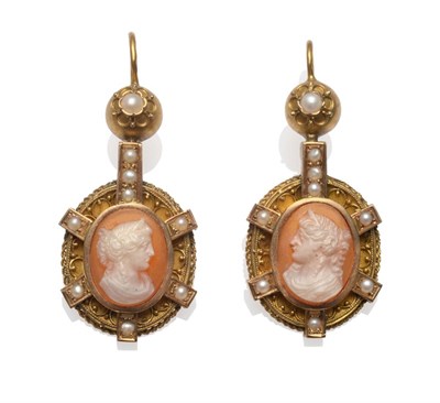 Lot 202 - A Pair of Cameo Drop Earrings, circa 1900, possibly French, with seed pearls inset, and bead...