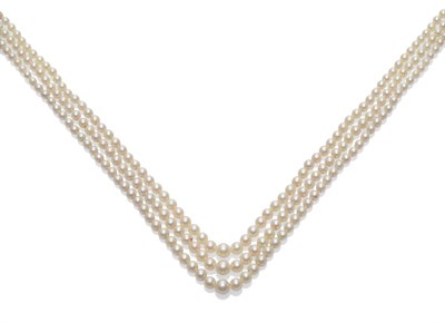 Lot 206 - A Cultured Pearl Necklace, three rows of graduated cultured pearls knotted to a 9 carat white...