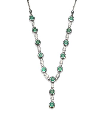 Lot 214 - An Emerald and Diamond Necklace, the front section set with round cut emeralds and marquise cut...