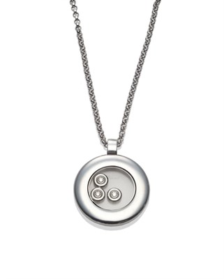 Lot 239 - An 18 Carat White Gold Pendant on Chain, by Chopard, a round disk with three 'floating'...