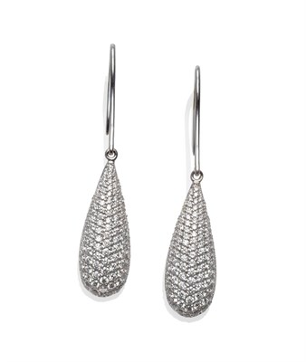 Lot 248 - A Pair of Diamond Drop Earrings, white wires suspend teardrop shapes, pavé set with round...