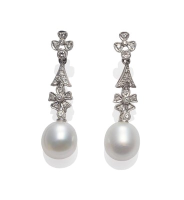 Lot 252 - A Pair of 18 Carat White Gold Diamond and Cultured Pearl Drop Earrings, diamonds set in a...