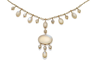 Lot 255 - A Moonstone Necklace, cabochon moonstone drops on a fancy link chain, with pendant multi-stone drop