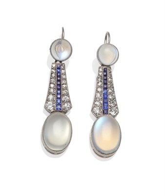 Lot 261 - A Pair of Art Deco Moonstone, Sapphire and Diamond Drop Earrings, a round cabochon moonstone...