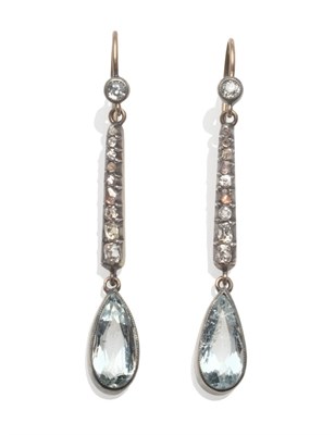 Lot 266 - A Pair of Diamond and Aquamarine Drop Earrings, a row of old cut and rose cut diamonds...