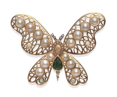 Lot 278 - A Multi Gemstone Butterfly Brooch, set with seed pearls, cultured pearls, opals, green...