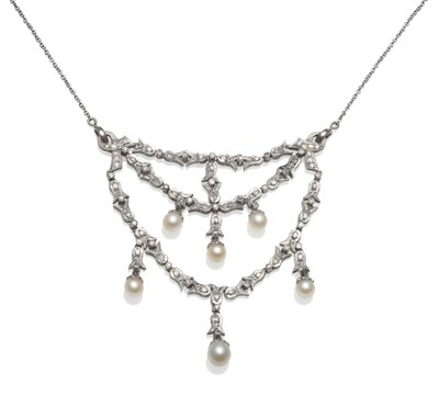 Lot 282 - A Diamond and Cultured Pearl Necklace, a garland style diamond set articulated plaque with six...