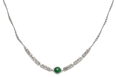 Lot 283 - A Diamond and Jade Necklace, a round cabochon jade centres plaques set with old cut diamonds,...