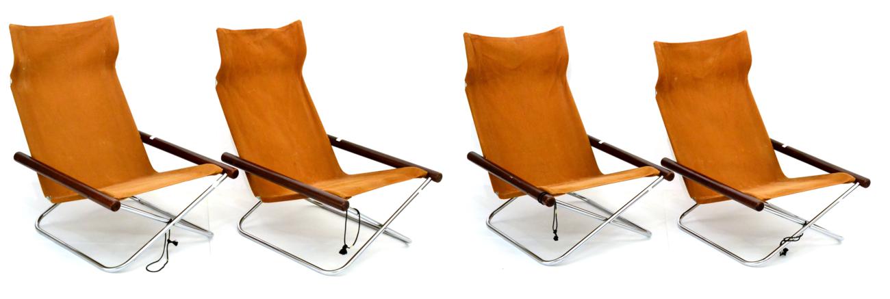 Lot 656 - A Set of Four NY Folding Chairs, originally designed by Takeshi Nii, with slung canvas seats,...