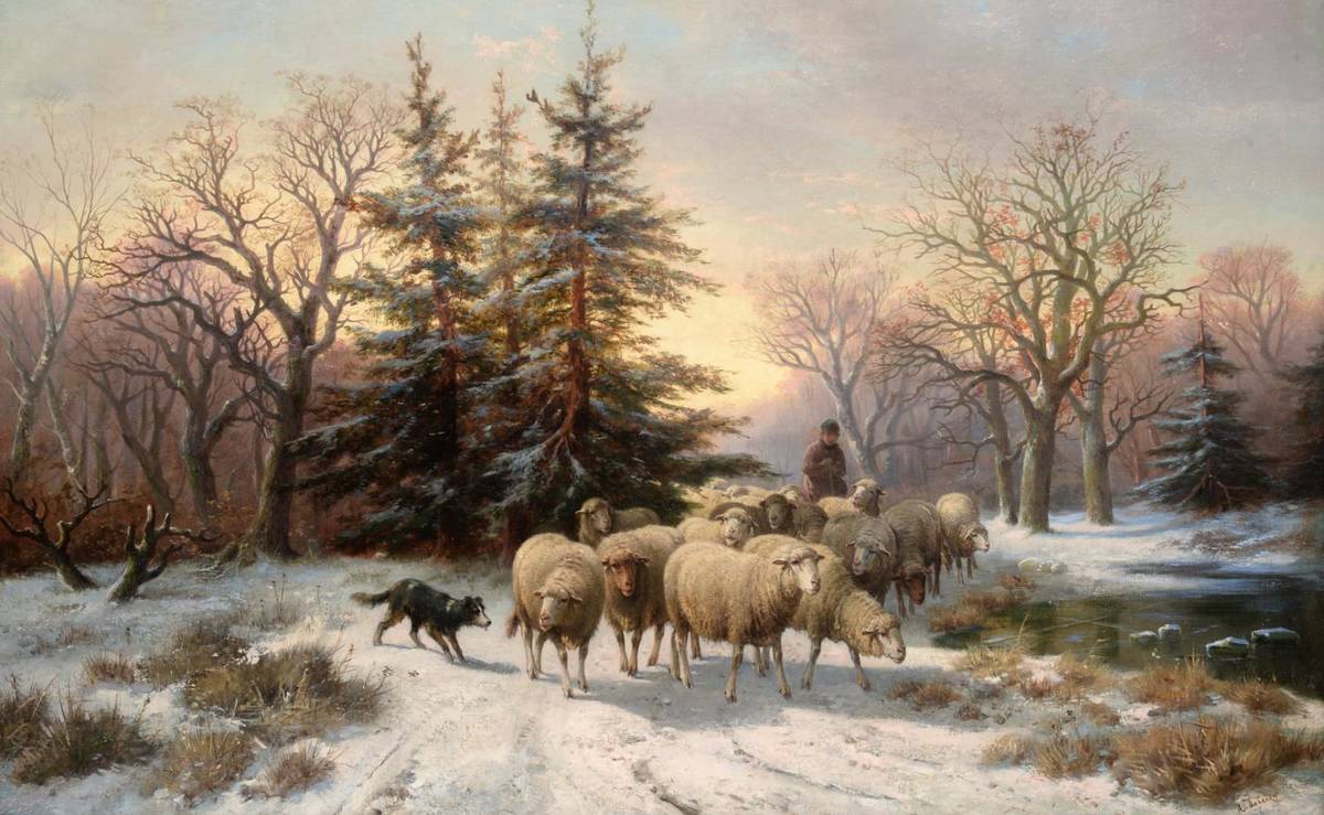 Lot 702 - Alexis de Leeuw (1848-1883) Belgian  A shepherd herding sheep through a winter landscape...