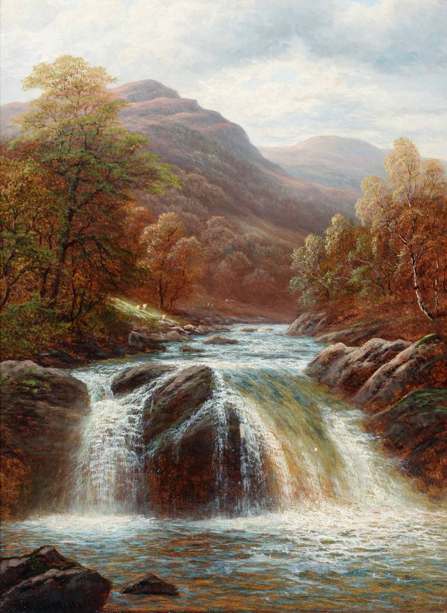 Lot 709 - William Mellor (1851-1931)  "Falls on the Llugwy, North Wales " Signed, inscribed verso, oil on...