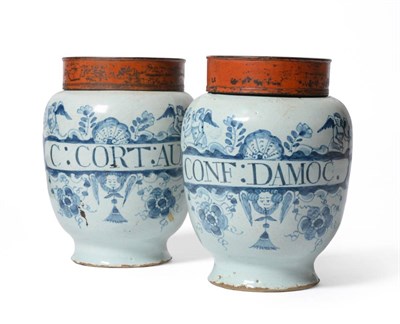 Lot 5 - A Pair of English Delft Dry Drug Jars, circa 1710, each of shouldered ovoid form with flared...