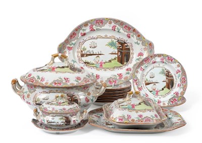 Lot 11 - A Spode Stone China Part Dinner Service, circa 1820, printed and overpainted in famille rose...