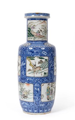 Lot 29 - A Chinese Rouleau Shaped Vase, 19th century, decorated in famille verte enamels with panels of...