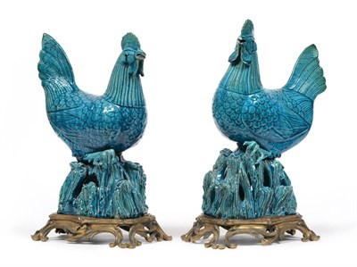 Lot 36 - A Pair of Chinese Blue Glazed Stoneware Models of Cockerels, late 19th century, each spirited...