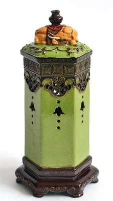 Lot 39 - A Chinese Porcelain Incense Burner, 20th century, of hexagonal form, the cover mounted with a...