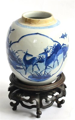 Lot 46 - A Chinese Blue and White Jar, Kangxi (1662-1722), compressed ovoid, painted with two quatrefoil...