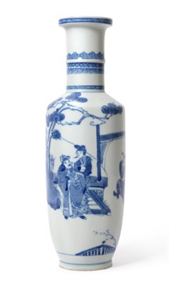 Lot 47 - A Chinese Blue and White Rouleau Shaped Vase, in Kangxi style, decorated in underglaze blue...