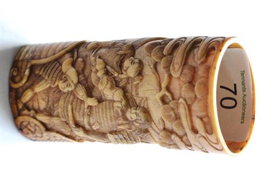 Lot 70 - A Japanese Carved Ivory Small Cylindrical Vase, late Meiji period (1868-1912), decorated with seven