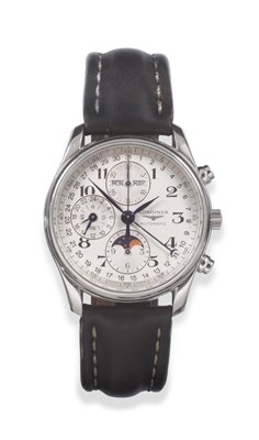 Lot 87 - A Stainless Steel Automatic Triple Calendar Chronograph Wristwatch with Moonphase and 24-Hour...