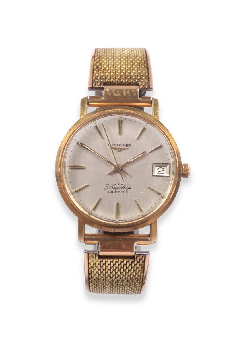 Lot 105 - An 18ct Gold Automatic Calendar Centre Seconds Wristwatch, signed Longines, model: Flagship, 1966