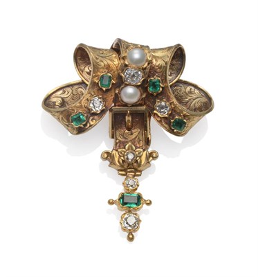 Lot 135 - A Victorian Diamond, Pearl and Emerald Set Brooch, in an entwined form, with buckle detail,...