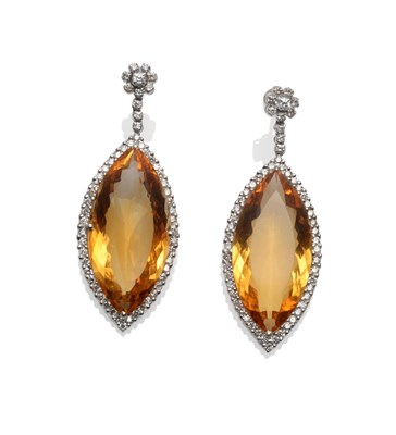 Lot 160 - A Pair of 18 Carat White Gold Citrine and Diamond Earrings, a diamond cluster suspends a...