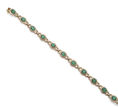 Lot 172 - An 18 Carat Gold Emerald and Diamond Bracelet, the oval mixed cut emeralds sit above borders of...