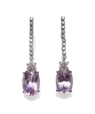 Lot 186 - A Pair of 18 Carat White Gold Kunzite and Diamond Drop Earrings, a row of round brilliant cut...