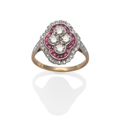 Lot 188 - An Art Deco Style Ruby and Diamond Cluster Ring, set with four old cut diamonds within a border...