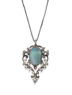 Lot 221 - A Continental Opal and Gemstone Pendant, in Art Nouveau style, an oval opal centrally, with smaller