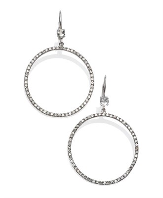 Lot 222 - A Pair of Diamond Hoop Earrings, a rose cut diamond suspends a hoop inset with round brilliant...