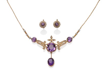 Lot 231 - An Early 20th Century Amethyst and Seed Pearl Necklace, in typical Edwardian style three...